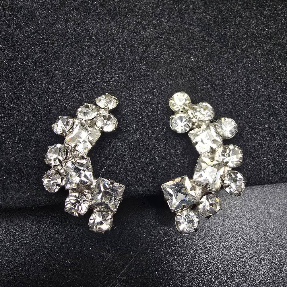 Curved Climber Rhinestone Clip On Earrings Vintage Glam Costume Jewelry